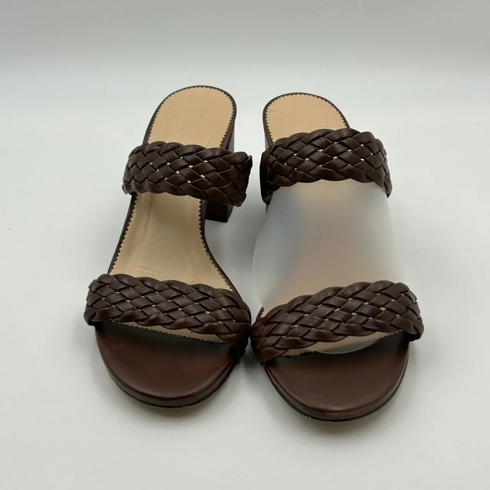 J.Crew Braided Leather Block Heel Sandals Womens 8 Brown Mules Quiet Luxury Boho
